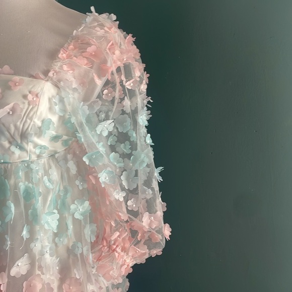 Storia Chic Sheer Floral baby doll Dress with Puff Sleeves - Picture 4 of 11